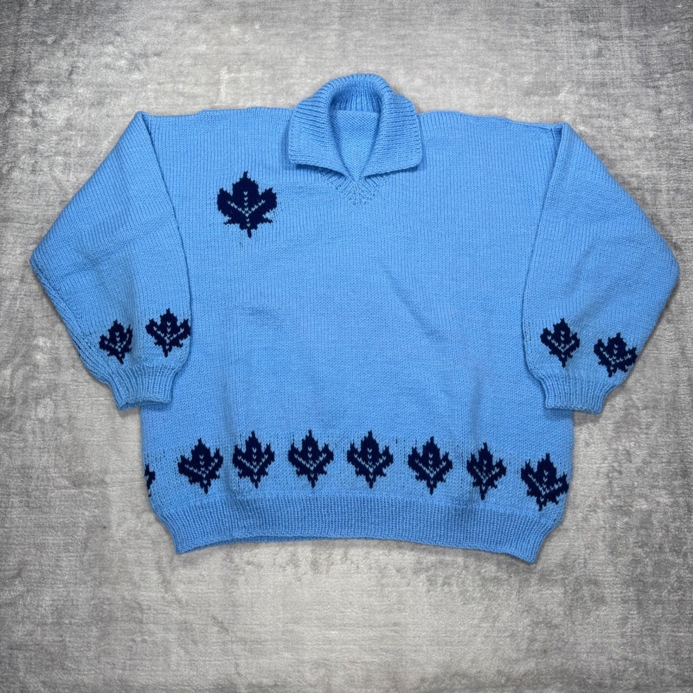 Vintage Handknit Sweater Women XL Blue Polo Collar Chunky Maple leafs Canadian